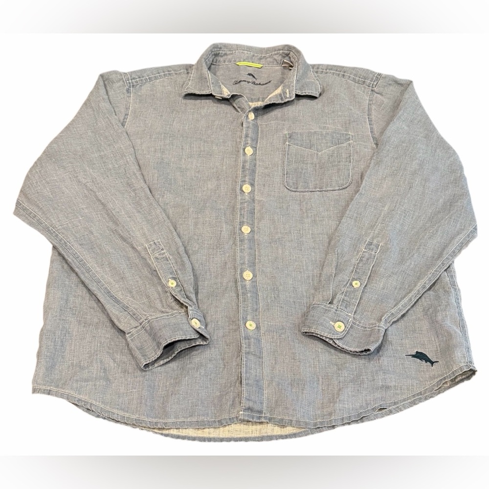 Tommy Bahama 100% Linen Long Sleeve Blue Button Up Shirt Large Beach Travel EUC